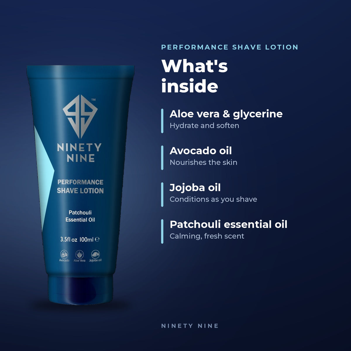 Ninety Nine Performance Shave Lotion tube in a dark teal-blue color, shown next to a text panel detailing its ingredients (Aloe vera, glycerine, avocado oil, jojoba oil, patchouli essential oil) on a dark navy blue background.