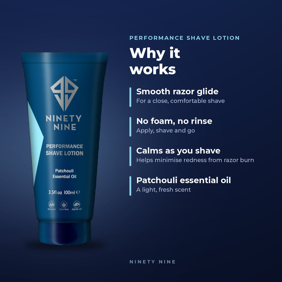 Ninety Nine Performance Shave Lotion tube in a dark teal-blue color, shown next to text detailing its benefits on a dark navy background.