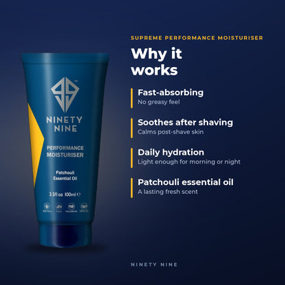 Ninety Nine Performance Moisturiser tube in dark blue with yellow accents, shown next to marketing text on a dark blue background.