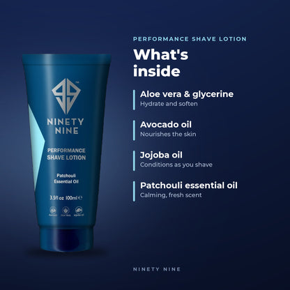 Ninety Nine Performance Shave Lotion tube in a dark teal-blue color, shown next to a text panel detailing its ingredients (Aloe vera, glycerine, avocado oil, jojoba oil, patchouli essential oil) on a dark navy blue background.
