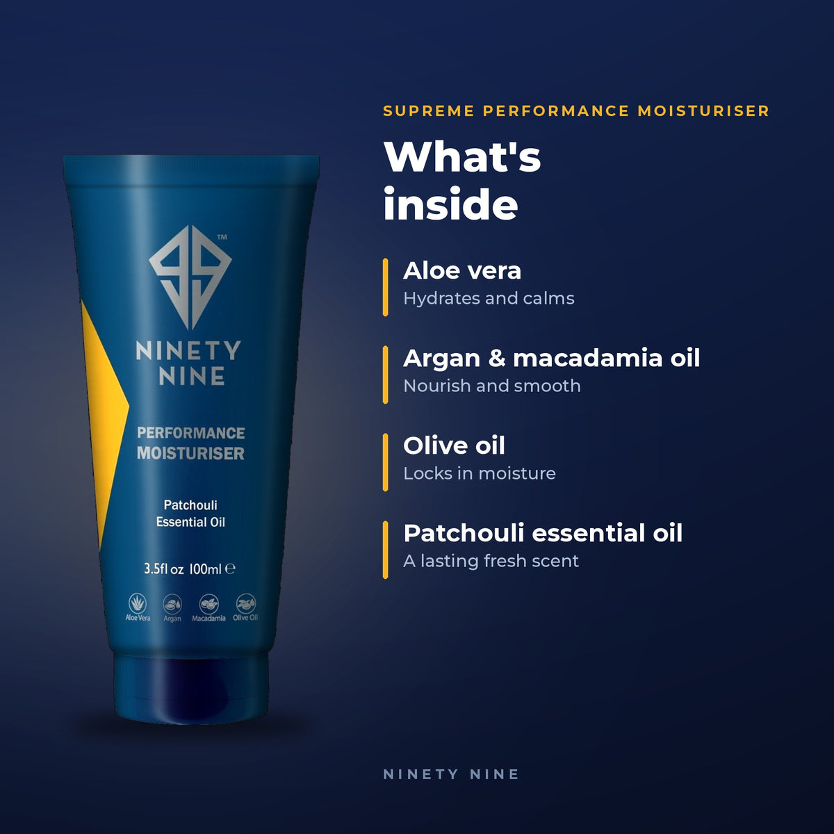 Ninety Nine Performance Moisturiser tube in dark blue with yellow accents, shown next to text detailing ingredients like aloe vera, argan and macadamia oil, olive oil, and patchouli essential oil on a dark blue background.