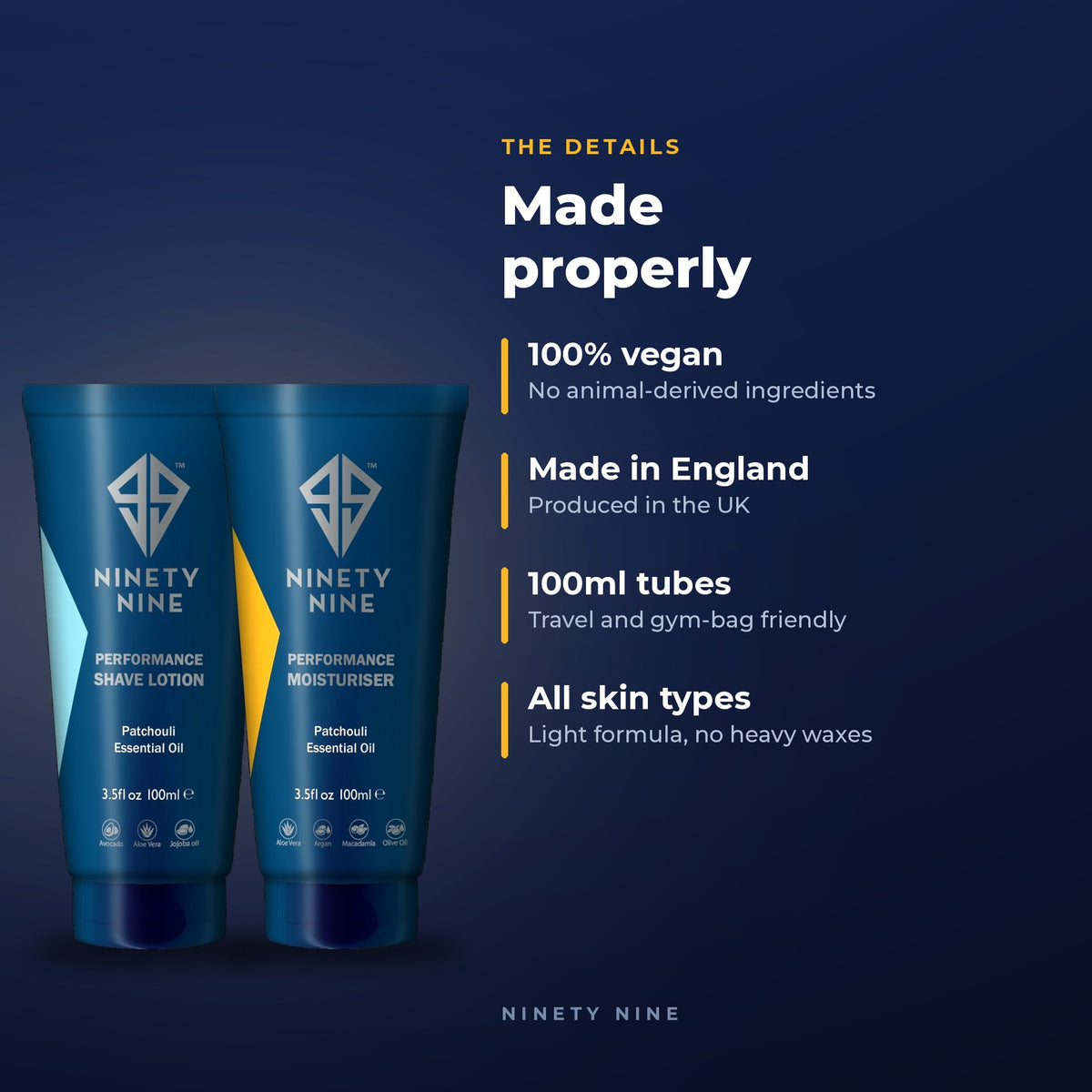 Two blue and white Ninety Nine branded tubes of grooming product on a dark navy background with marketing text about vegan ingredients, UK production, 100ml tubes, and suitability for all skin types.
