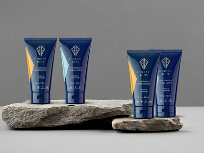 Two blue skincare products on a stone surface with a gray background